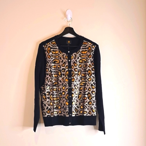 JM Collection Animal Print Sequined Cardigan Size L - Picture 1 of 5